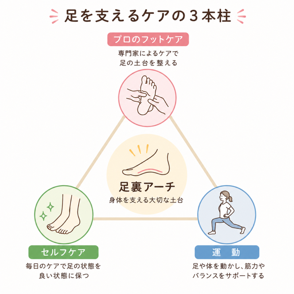 足裏アーチを整えるための3本柱（プロケア・セルフケア・運動）